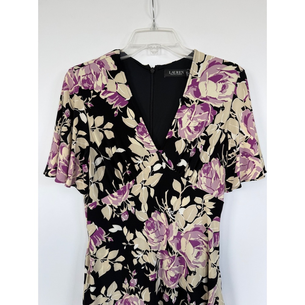 Lauren‎ Ralph Lauren Floral Faux Wrap Midi Flowy Dress Orchid Black Size 4 NEW